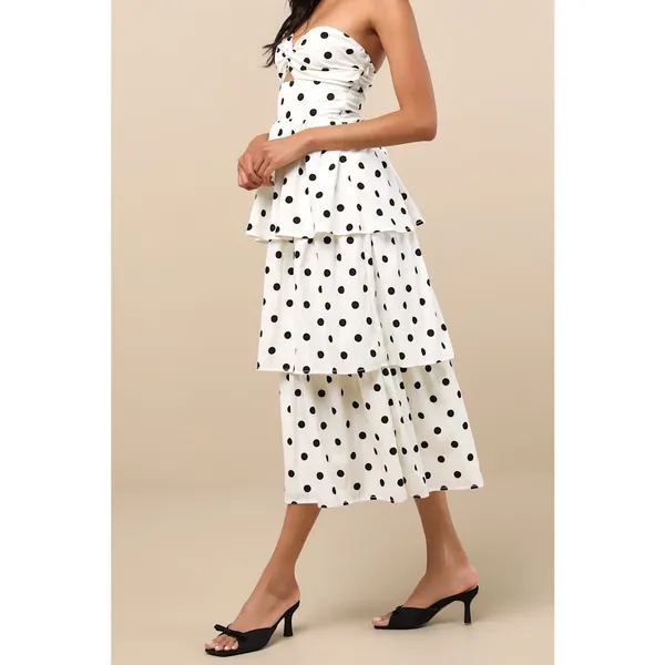 NWT Lulus Modie White Polka Dot Twist-Front Lace-Up Midi Dress Retro Party Sz M - Image 8