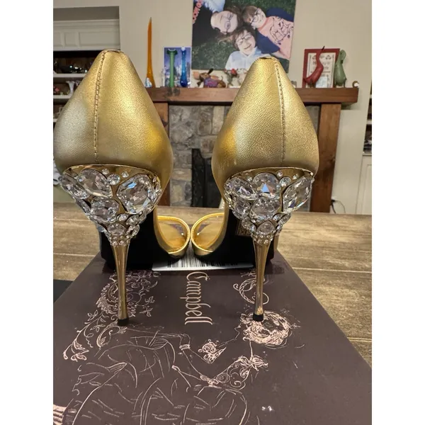 Alluria Crystal Heel Sandal Jeffrey Campbell Size 9 Gold Jeweled Peep Toe - Image 6