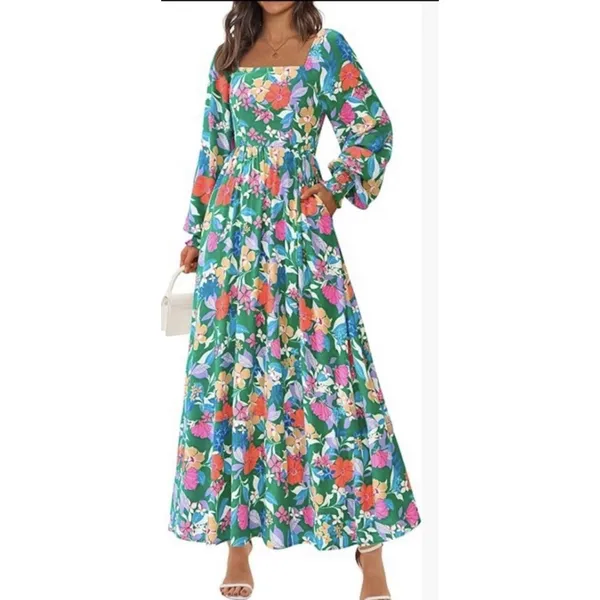 PRETTYGARDEN Green Tropical Floral Maxi Dress Smocked Cuff Square‎ Neck Boho M - Image 2