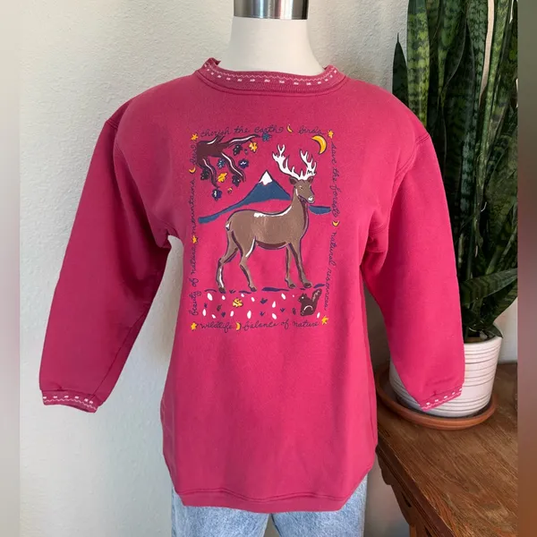 Vintage Graphic Sweatshirt deer‎ Cozy Cottagecore Outdoors Nature 90s Large - Image 10