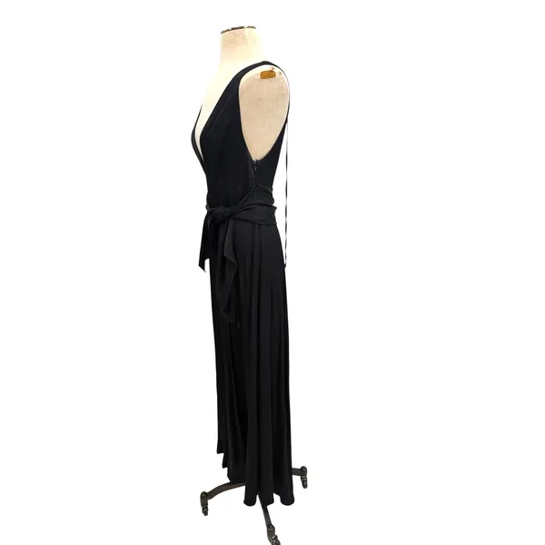 Free People Black Plunge Open Back‎ Maxi Dress Tie Waist High Slit Gown US 2 - Image 7