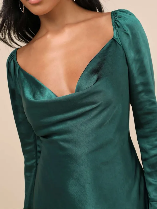 LULU’S Sensational Fate Emerald Green Satin Cowl Neck Mini Dress - Image 3