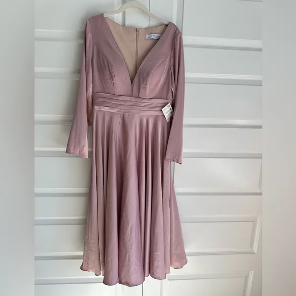 Mac Duggal Pink Satin Velvet Long Sleeve V-Neck‎ Midi Cocktail Formal Dress- NWT - Image 6