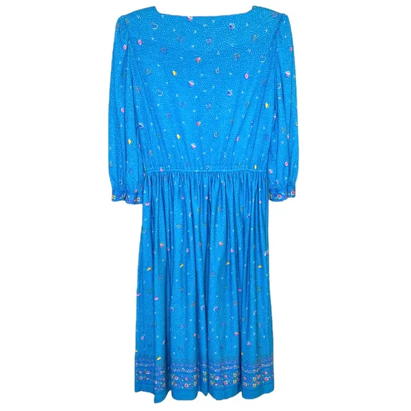 Vintage Cora’s Closet Floral Turquoise Long Sleeve Square Neck Dress Sm Petite - Image 2
