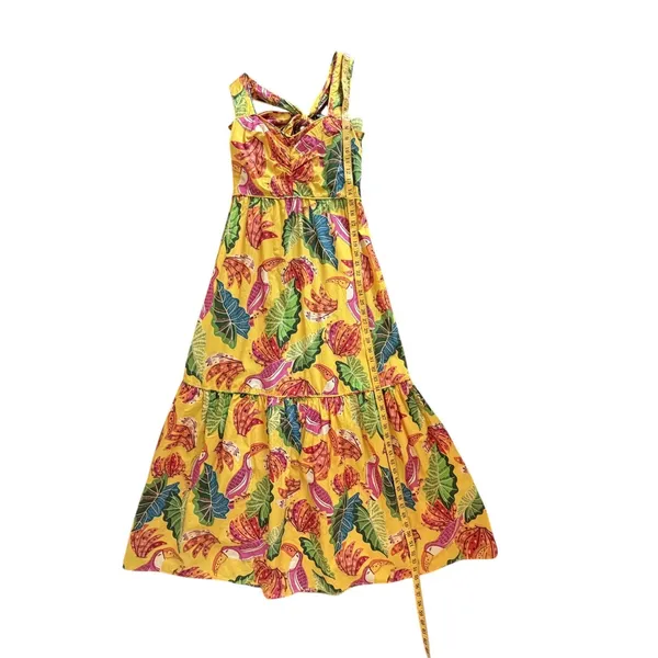 Farm Rio Yellow Beaks & Bananas Cotton Maxi Dress Small Tropical Toucan Tiered‎ - Image 13