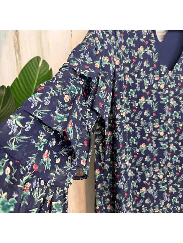 Le Lis Navy Floral Chiffon Ruffle Sleeve Keyhole Mini Dress Large - Image 7