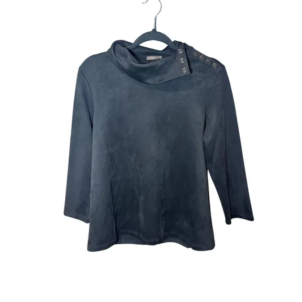 J McLaughlin Clio Faux Suede Top Mock Neck Buttons Black Size Large‎ - Image 2