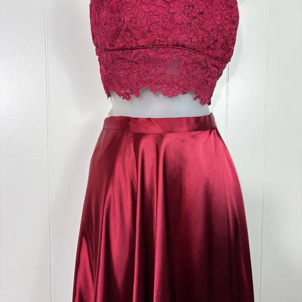 Sherri Hill 52730 Satin Skirt 2 Piece Maroon Red One Shoulder Prom Pageant Gown - Image 3