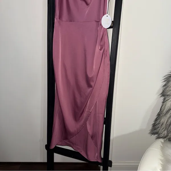 More to Come Adonia Pink Satin Wrap Midi Dress With Cowl Neckline And Tulip Hem - Image 5