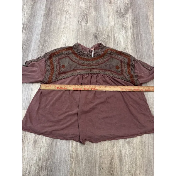 Free People Embroidered Long Sleeve Babydoll Top Plum Mauve Cotton Size Medium - Image 5
