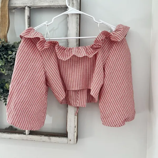 NWT ZARA Red White Stripe Puff Sleeve XS Crop Top Woman Ruffle‎ Cottage Boho - Image 8