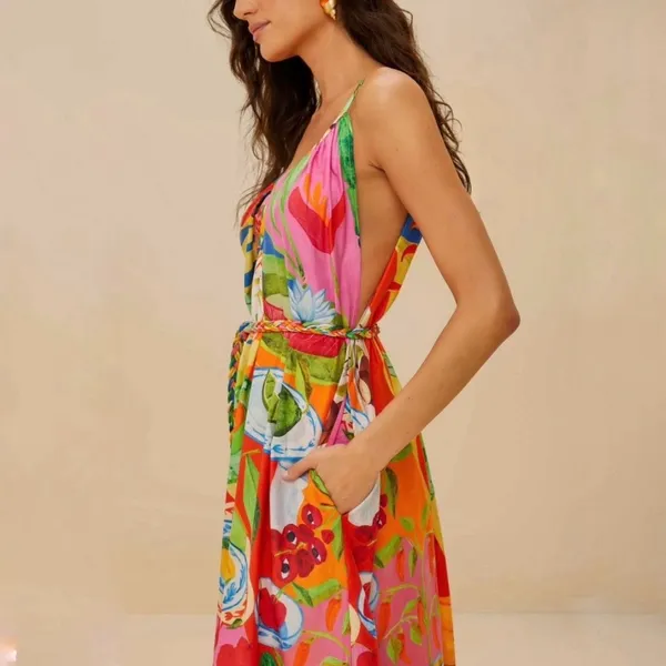 Farm Rio Summer Picnic Midi Dress Small Belted Cotton Sleeveless Tropical - Image 6
