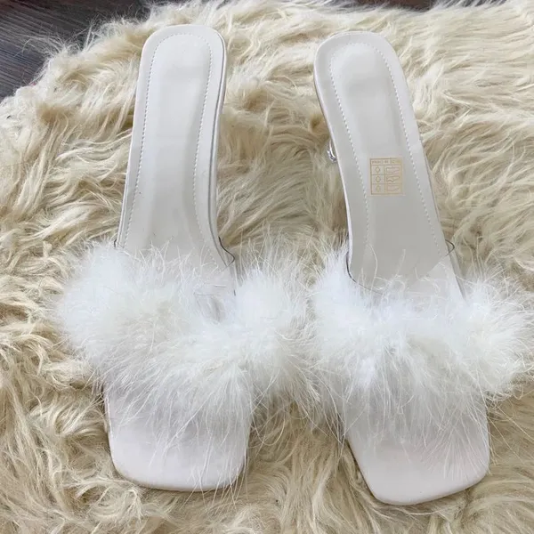 NWOT White Fluffy Faux Fur Square Toe Clear Kitten Heel Mules Heels US 10 - Image 2