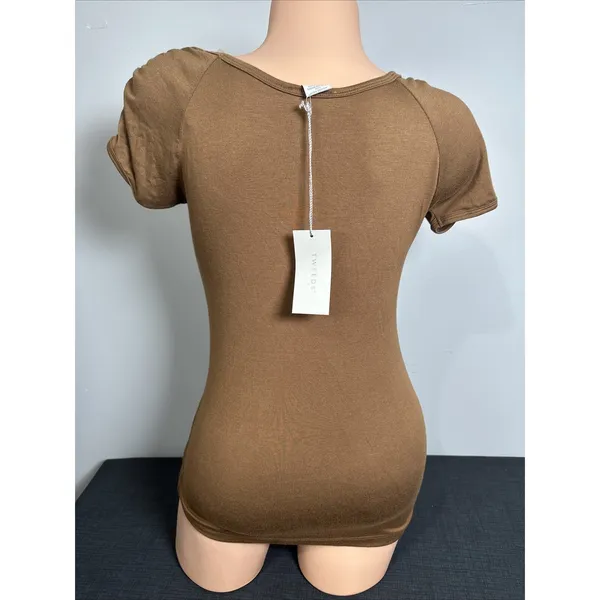 Tweeds Womens‎ Top Small T-Shirt Brown Stretch Short Sleeve NWT Ruched Basic Y2K - Image 3