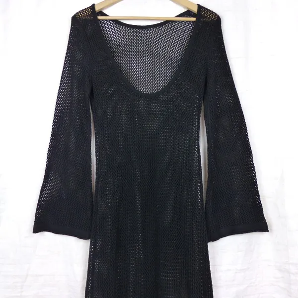 Black Open Knit Crochet Maxi Dress Size XS/S Bell Sleeve Sheer Goth Boho Witchy - Image 3