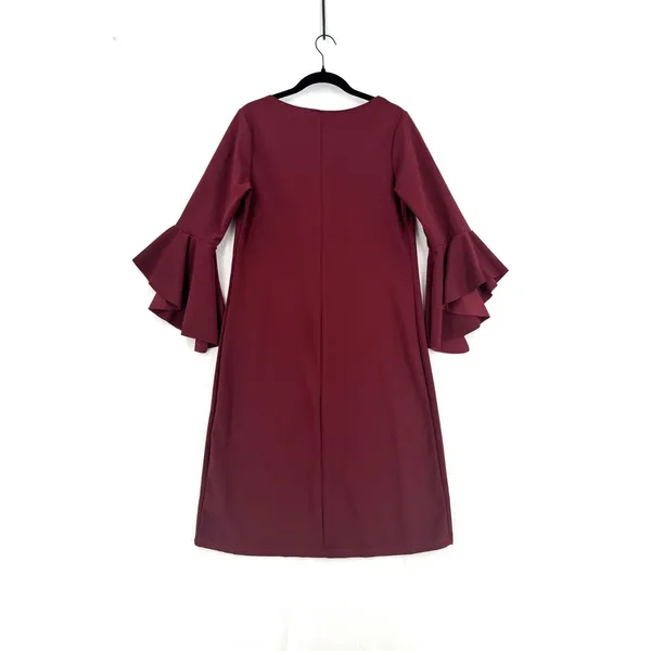 Bella Flore Burgundy Bell Sleeve Dress L Ruffle Flare Sleeve Shift Cocktail Chic - Image 2