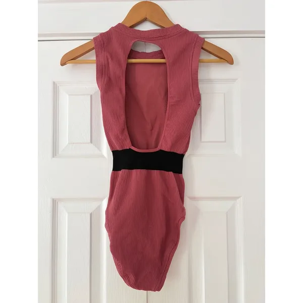 FP Movement Free People Ribbed Open Back Bodysuit‎ Pink Black XS S OB667944 - Image 2