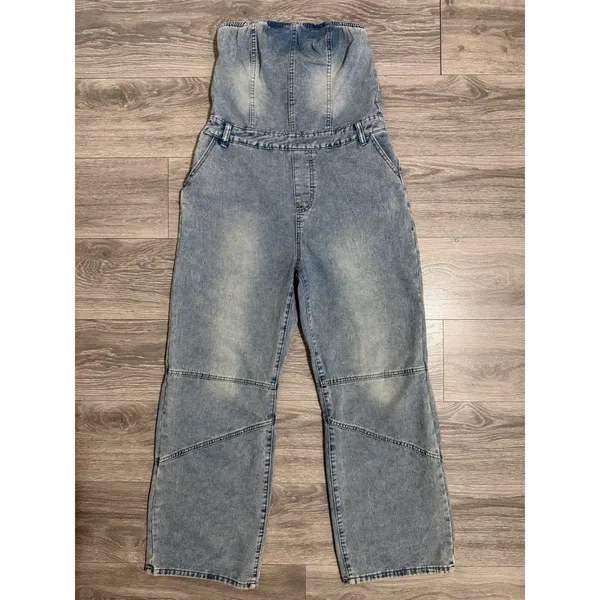 Strapless Wide Leg Denim Jumpsuit Size L‎ Light Wash Blue Seam Detail Y2K Romper - Image 3