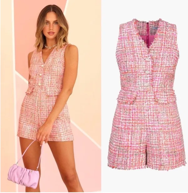 Adelyn Rae Pink Tweed V-Neck Sleeveless Romper - Image 2