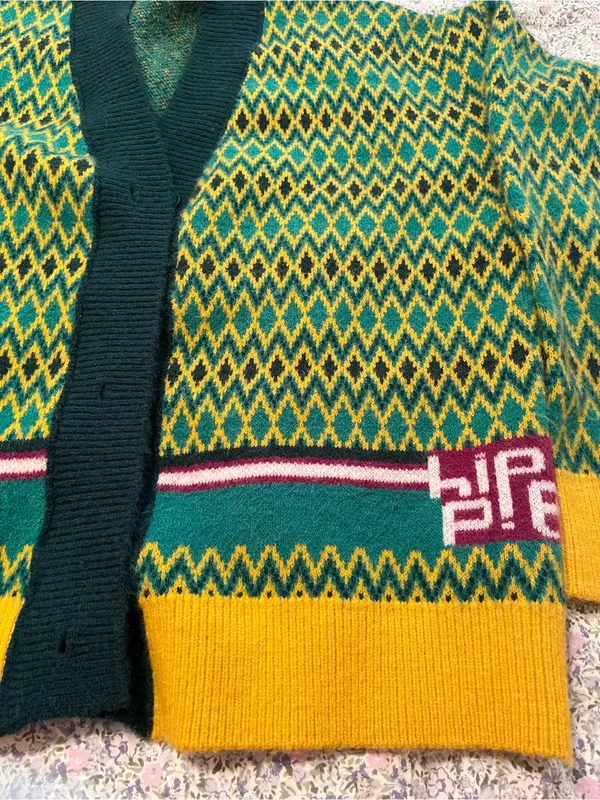 Oversized Diamond Patterned Cardigan Sweater Green Size undefined - Image 3