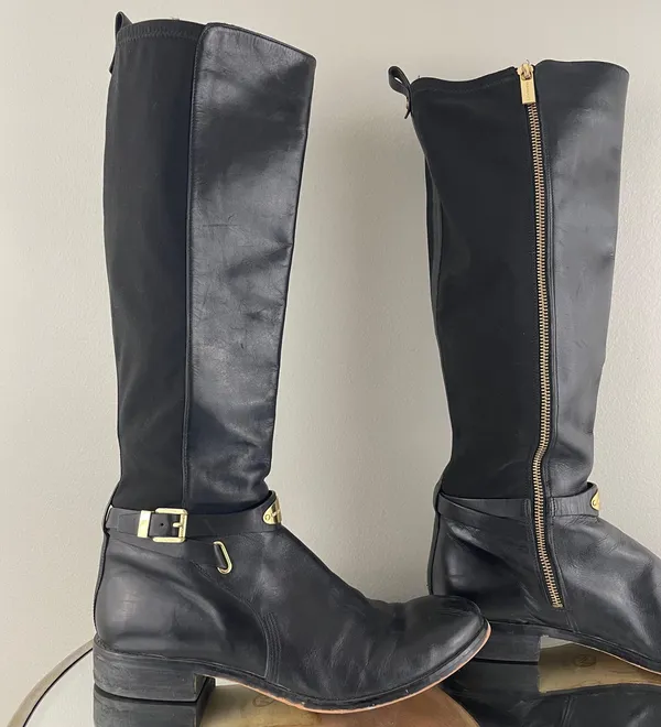 Michael Kors Black Leather Gold Hardware Buckle Arley Knee High Riding Boots - Image 5
