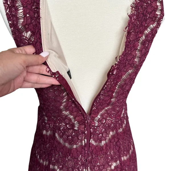 Trixxi Burgundy Lace Fit Flare Mini Dress XL V-Neck Eyelash‎ Lace Tulle Hem - Image 6