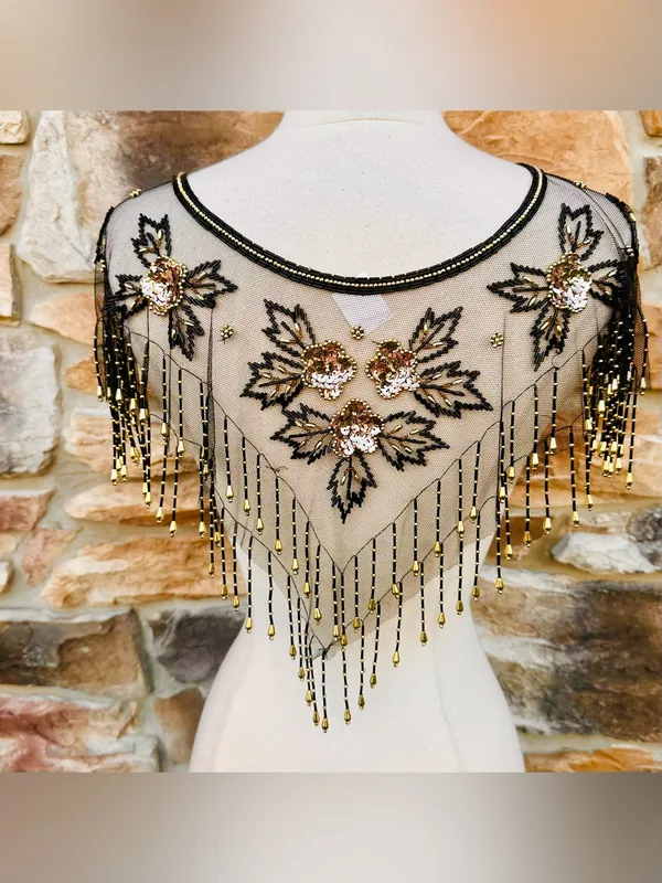 Fina Moda Vintage Beaded Black Mesh Caplet Collar Scarf with Fringe & Sequins - Image 12