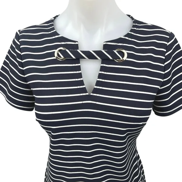 Tommy Hilfiger Women's Blue Striped Short Sleeve Split Neck Mini Sheath Dress 2 - Image 5