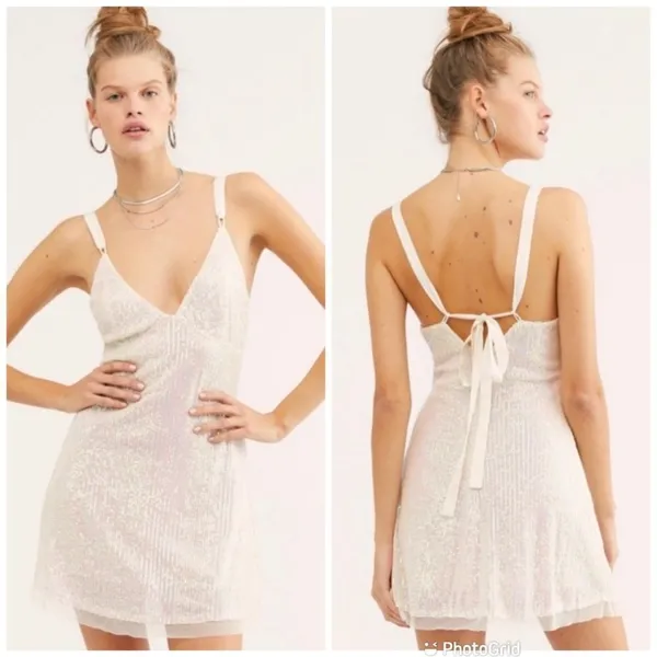 FREE PEOPLE Gold Rush Sequin Mini Dress Iridescent Sheer Cream Size Medium New‎ - Image 4
