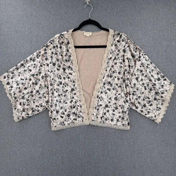 POL Velvet Floral Lace Kimono Cardigan Beige Black Large Whimsigoth Romantic - Image 2