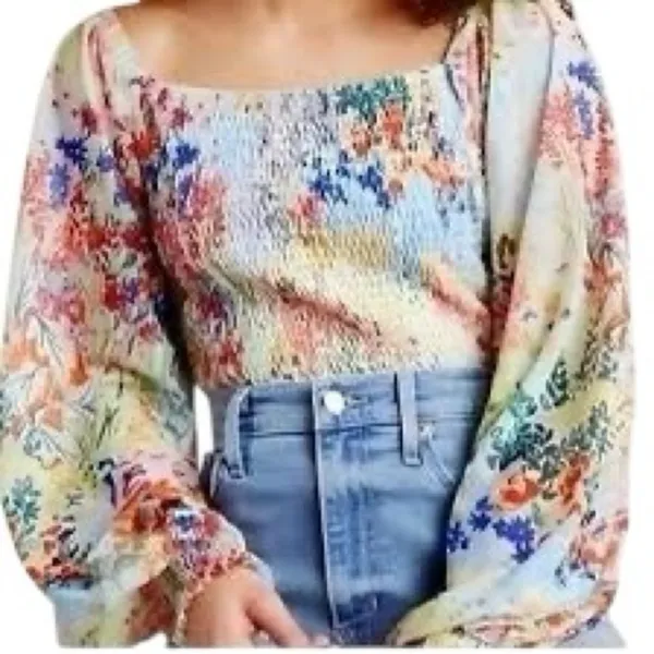 Anthropologie Rouen Floral Smocked Blouse Small Sheer Puff Sleeve Crop Top Boho - Image 8