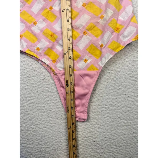 Zara Bodysuit Womens Medium Pink Puff Sleeve Geometric Smocked Babydoll Milkmaid - Image 8