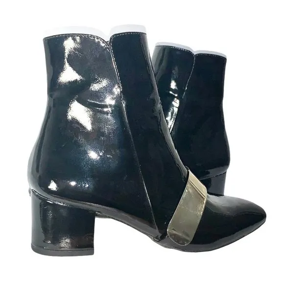 Zara Womens Black & Gold Patent Leather Almond Toe Chunky Block Heel Ankle Boots - Image 2