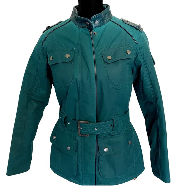 Barbour International Black Streak‎ Jacket Womens Green Waxed Cotton Moto Belted - Image 2