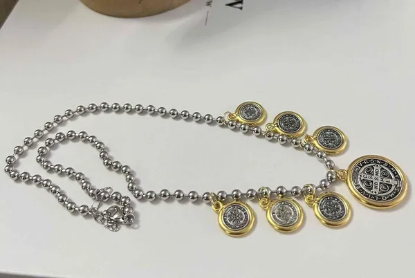 Anthropologie Gold Silver Plated Dangling Coins Necklace Beaded Chain stainless steel jewelry - Image 4