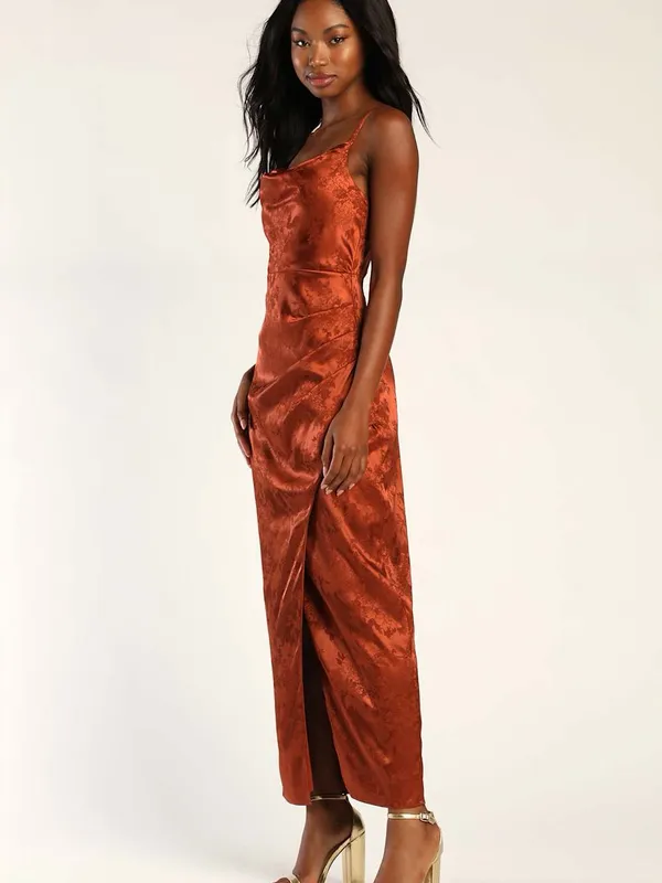 Lulu's Rust Orange Under the Moonlight Satin Jacquard Maxi Slip Dress Medium - Image 3