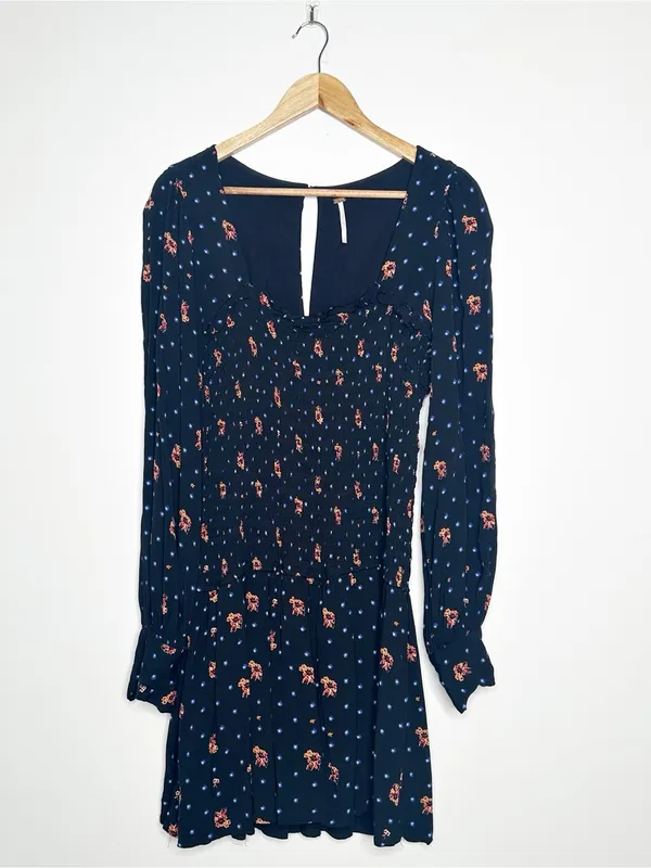 Free People Two Faces Smocked Mini Dress Black Floral Long Sleeve Large - Image 3