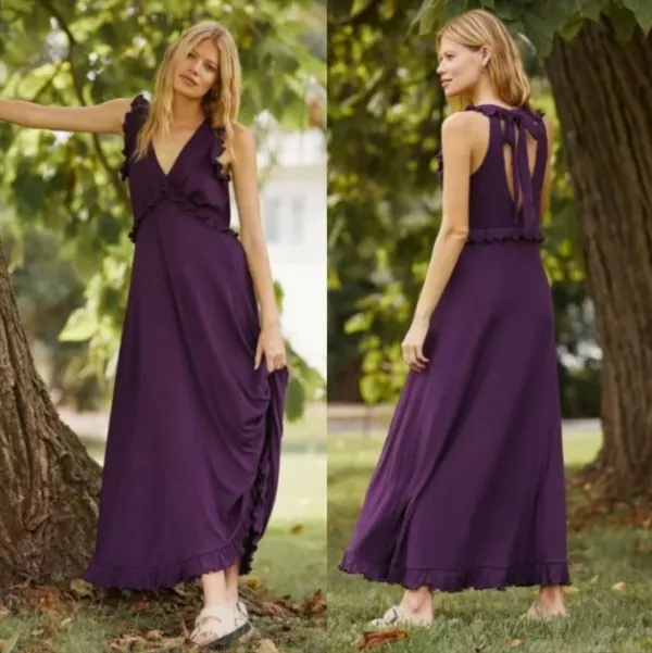 Anthropologie Deep V Ruffled Maxi Dress Adjustable Back Tie Dark Purple … - Image 2