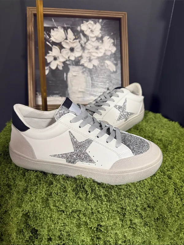 White Sneakers with Silver Glitter Star Accent Size 9 - Image 2