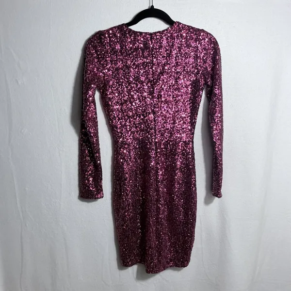 Dress the Population Pink Sequin Deep V-Neck Long Sleeve Sheath Mini Dress Sz S - Image 2