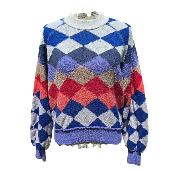 Free People Argyle Knit Sweater Blue Red Purple Diamond Pullover Small OB1255551 - Image 2