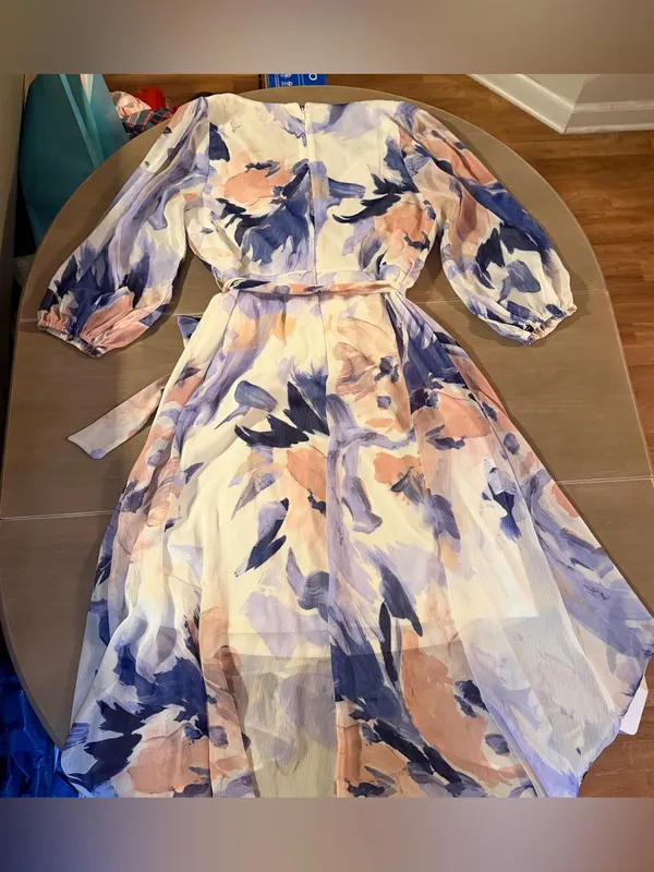 DKNY Lavender & Peach Floral Wrap Midi Dress - Image 2