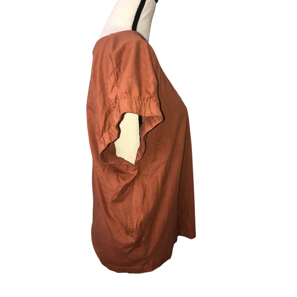 DKNY Knit Top Size L Rust Short Sleeve Drop Shoulder Elevated Tee Relaxed Fit - Image 4