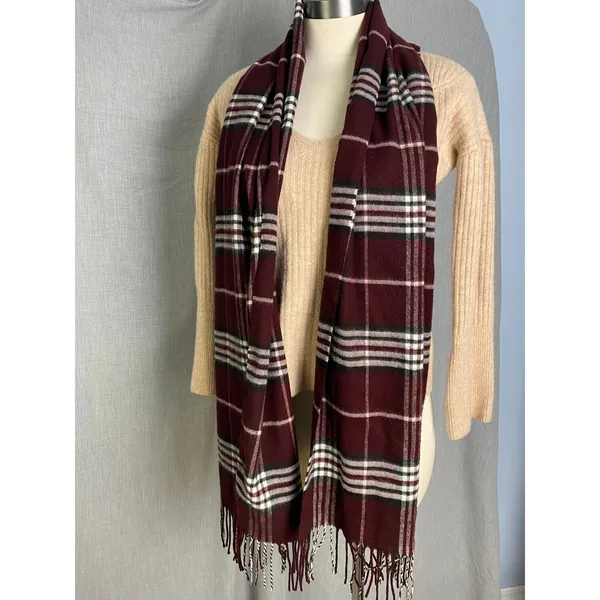 V. Fraas Cashmink Plaid‎ Scarf Burgundy White Black Made Germany Fall Autumn - Image 5