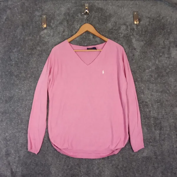 Polo Ralph Lauren High Low V Neck Sweater Womens Pink Cotton Blend Sz M - Image 3