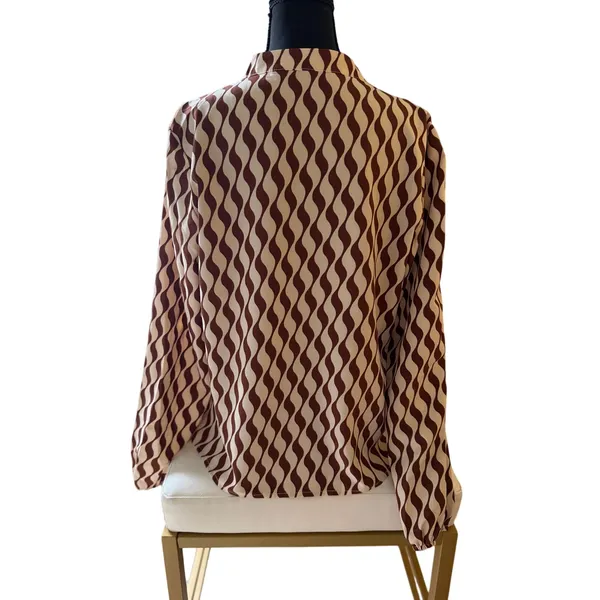 Brown Cream Abstract Wave Print Blouse Long Sleeve Retro Boho Statement - Image 5