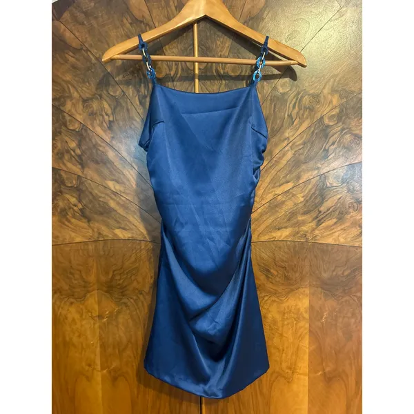 ZARA Satin Mini Slip Dress GORGEOUS COLOR Chain Straps Midnight Blue Size XS - Image 2