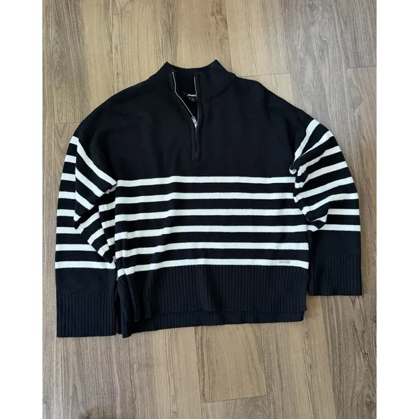 DKNY Black White Striped Quarter Zip Sweater Nautical Coastal Old Money Scandi - Image 2