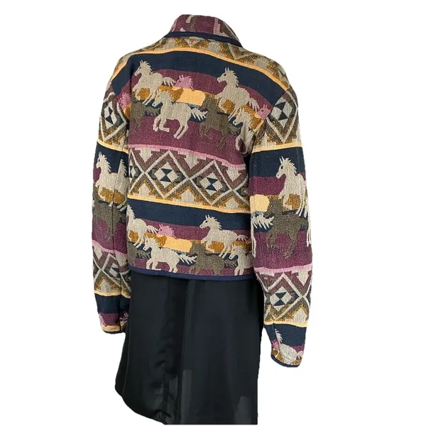 Vintage Carolina Colours Southwestern Tapestry Jacket Tribal Aztec Horses Size S - Image 4