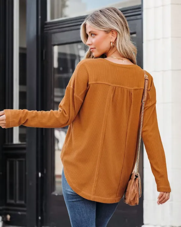 Vici Elisa Waffle Knit Henley Top - Camel - Image 3